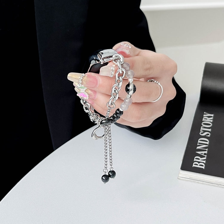 For Xiaomi Mi Band 3 / 4 Crystal Beaded Onyx Watch Band(Silver+Black Pearl) by bashfashion