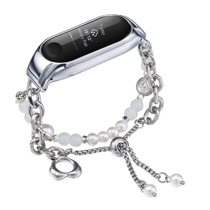 For Xiaomi Mi Band 3 / 4 Crystal Beaded Onyx Watch Band(Silver+White Pearl) by bashfashion