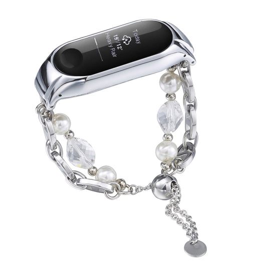 For Xiaomi Mi Band 3 / 4 Crystal Beaded Onyx Watch Band(Silver+Crystal Bead) by bashfashion