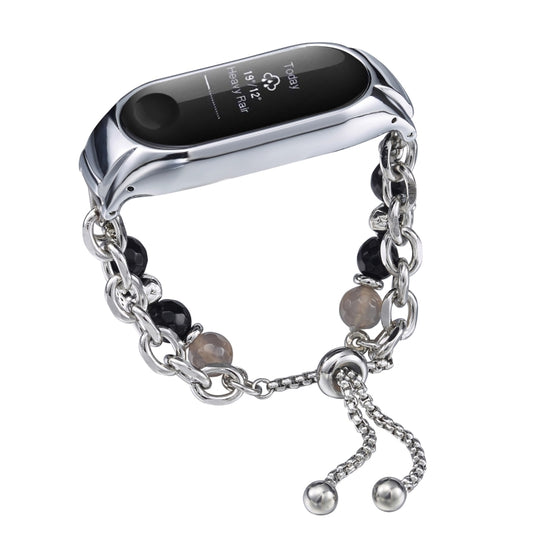 For Xiaomi Mi Band 3 / 4 Crystal Beaded Onyx Watch Band(Silver+Agate Bead) by bashfashion