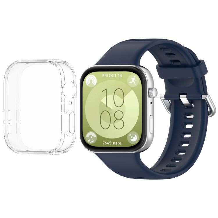 For Huawei Watch Fit3 Silicone Soft Watch Band + Clear Watch Protective Case Set(Midnight Blue) by bashfashion