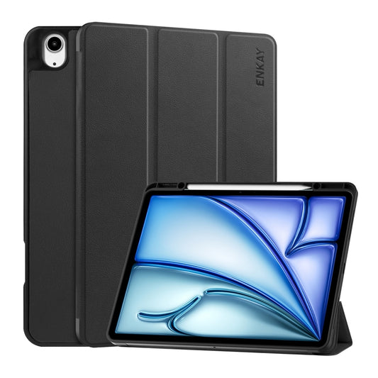 For iPad Air 13 2025 / 2024 ENKAY Tri-fold Custer Texture TPU Leather Smart Tablet Case with Pen Slot(Black) by ENKAY