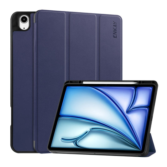 For iPad Air 13 2025 / 2024 ENKAY Tri-fold Custer Texture TPU Leather Smart Tablet Case with Pen Slot(Dark Blue) by ENKAY