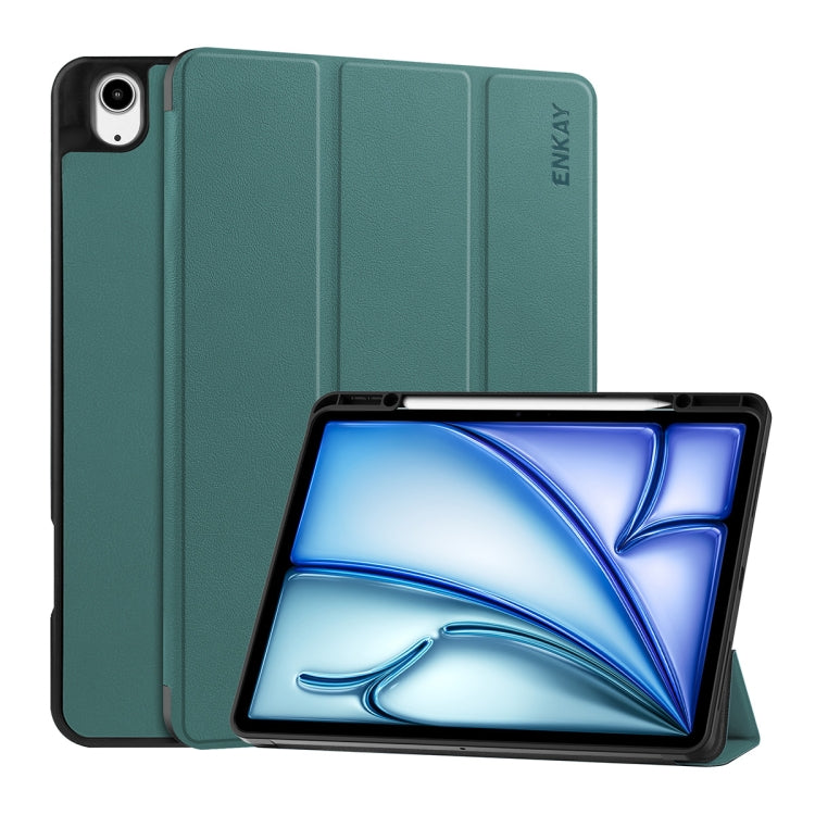 For iPad Air 13 2025 / 2024 ENKAY Tri-fold Custer Texture TPU Leather Smart Tablet Case with Pen Slot(Dark Green) by ENKAY