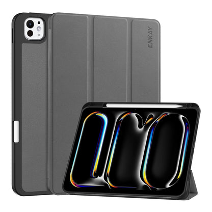 For iPad Pro 13 2025 / 2024 ENKAY Tri-fold Custer Texture TPU Leather Smart Tablet Case with Pen Slot(Grey) by ENKAY