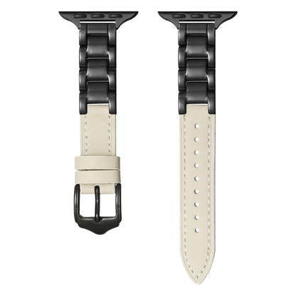 For Apple Watch Ultra 2 49mm Ceramic Color Buckle Contrast Leather Watch Band(Beige+Black+Black Buckle) by bashfashion