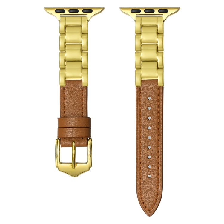 For Apple Watch Series 9 45mm Ceramic Color Buckle Contrast Leather Watch Band(Brown+Gold+Gold Buckle) by bashfashion