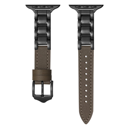 For Apple Watch Series 8 45mm Ceramic Color Buckle Contrast Leather Watch Band(Taupe+Black+Black Buckle) by bashfashion