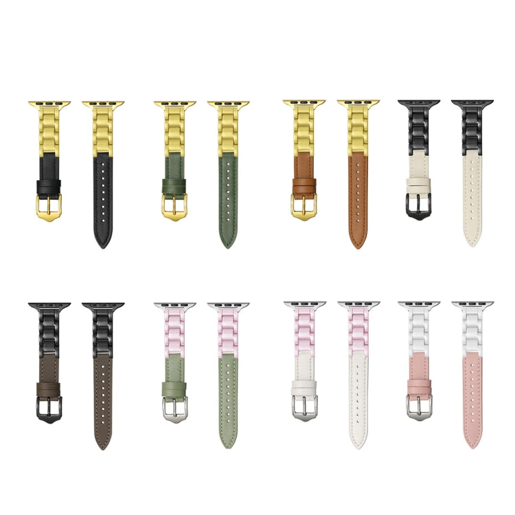 For Apple Watch Series 4 44mm Ceramic Color Buckle Contrast Leather Watch Band(Green+Gold+Gold Buckle) by bashfashion