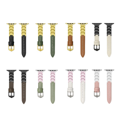 For Apple Watch Series 8 45mm Ceramic Color Buckle Contrast Leather Watch Band(Mint Green+Pink+Silver Buckle) by bashfashion