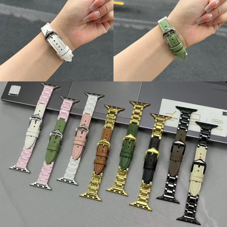 For Apple Watch Series 6 44mm Ceramic Color Buckle Contrast Leather Watch Band(Brown+Gold+Gold Buckle) by bashfashion