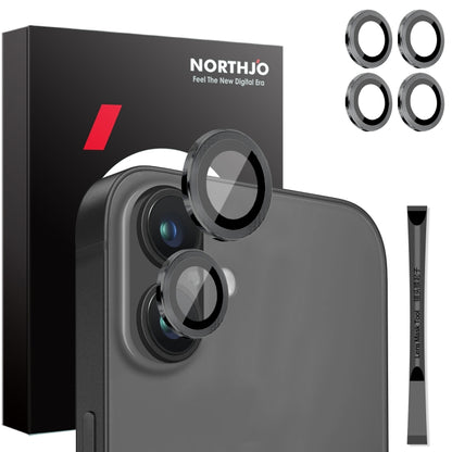 For iPhone 16 / 16 Plus NORTHJO 2 Sets 4pcs Camera Lens Protector Cover Metal Ring Film(Black) by NORTHJO