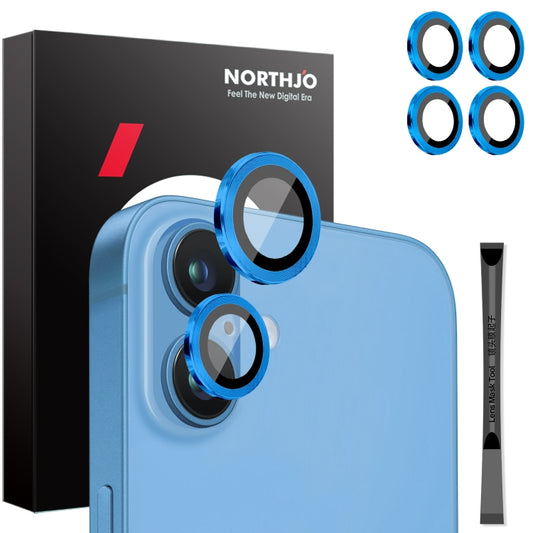 For iPhone 16 / 16 Plus NORTHJO 2 Sets 4pcs Camera Lens Protector Cover Metal Ring Film(Blue) by NORTHJO