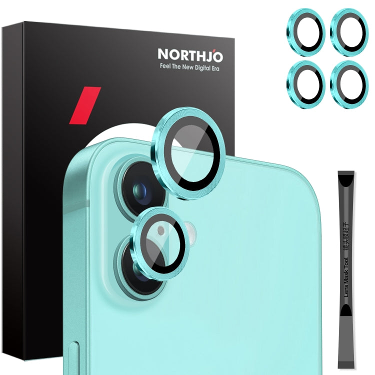 For iPhone 16 / 16 Plus NORTHJO 2 Sets 4pcs Camera Lens Protector Cover Metal Ring Film(Cyan) by NORTHJO