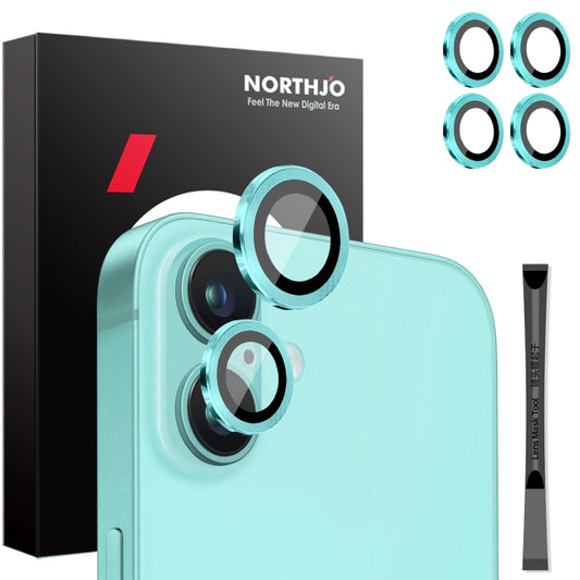 For iPhone 16 / 16 Plus NORTHJO 2 Sets 4pcs Camera Lens Protector Cover Metal Ring Film(Cyan) by NORTHJO