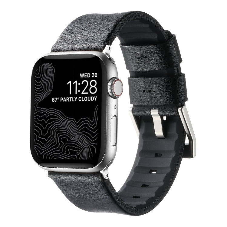For Apple Watch Ultra 49mm Genuine Leather Hybrid Silicone Watch Band(Black Sliver Buckle) by bashfashion