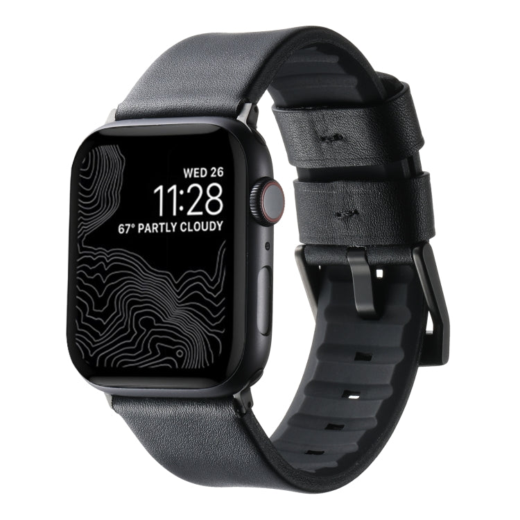 For Apple Watch Series 9 41mm Genuine Leather Hybrid Silicone Watch Band(Black Black Buckle) by bashfashion