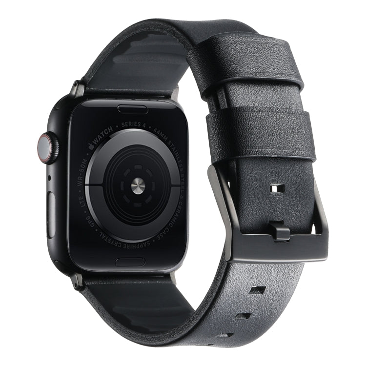 For Apple Watch Series 7 41mm Genuine Leather Hybrid Silicone Watch Band(Black Black Buckle) by bashfashion