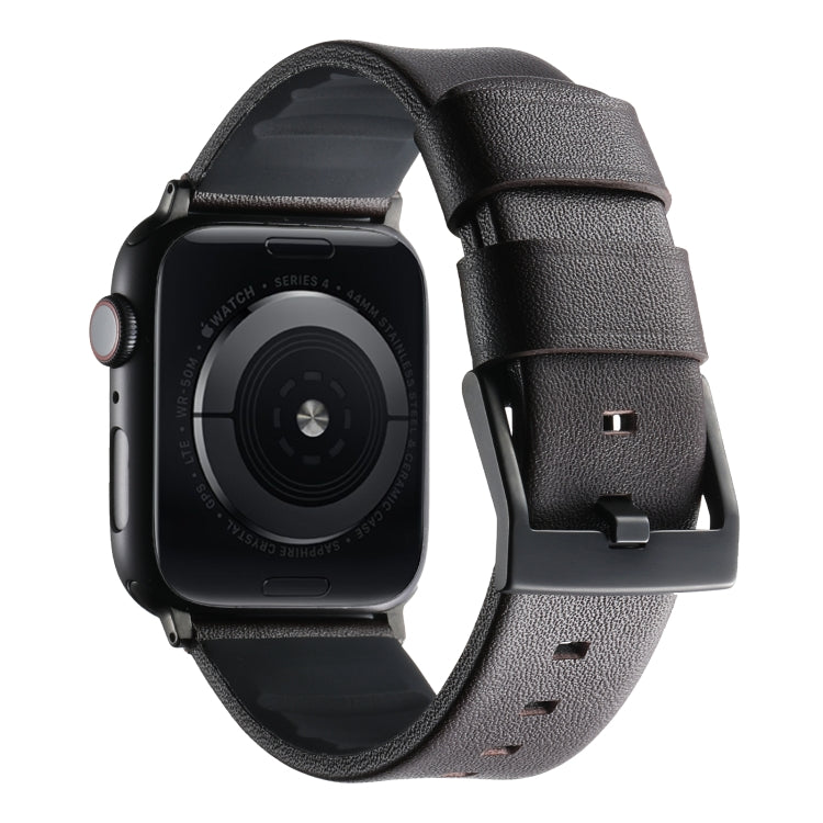 For Apple Watch SE 2022 40mm Genuine Leather Hybrid Silicone Watch Band(Coffee Black Buckle) by bashfashion