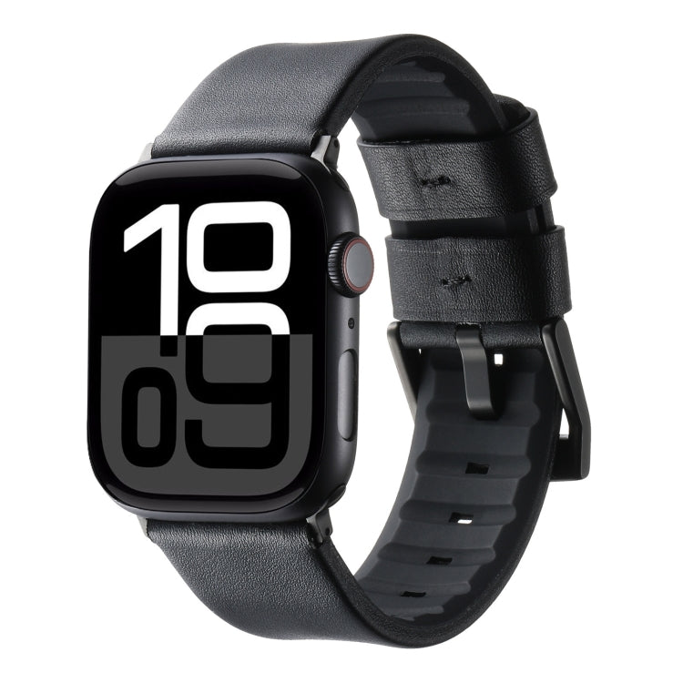 For Apple Watch Series 10 42mm Genuine Leather Hybrid Silicone Watch Band(Black Black Buckle) by bashfashion