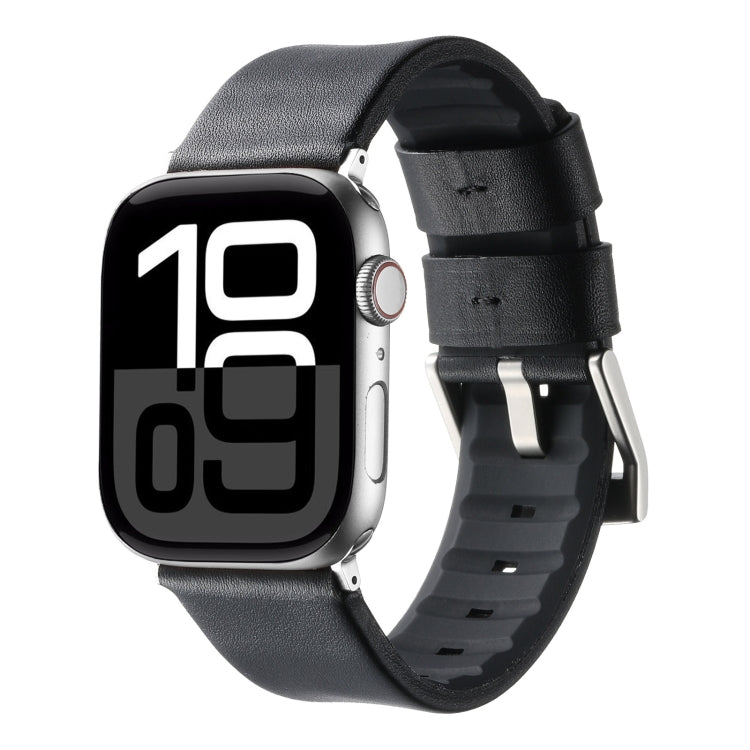 For Apple Watch Series 10 46mm Genuine Leather Hybrid Silicone Watch Band(Black Sliver Buckle) by bashfashion