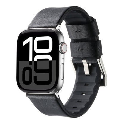 For Apple Watch Series 10 46mm Genuine Leather Hybrid Silicone Watch Band(Black Sliver Buckle) by bashfashion
