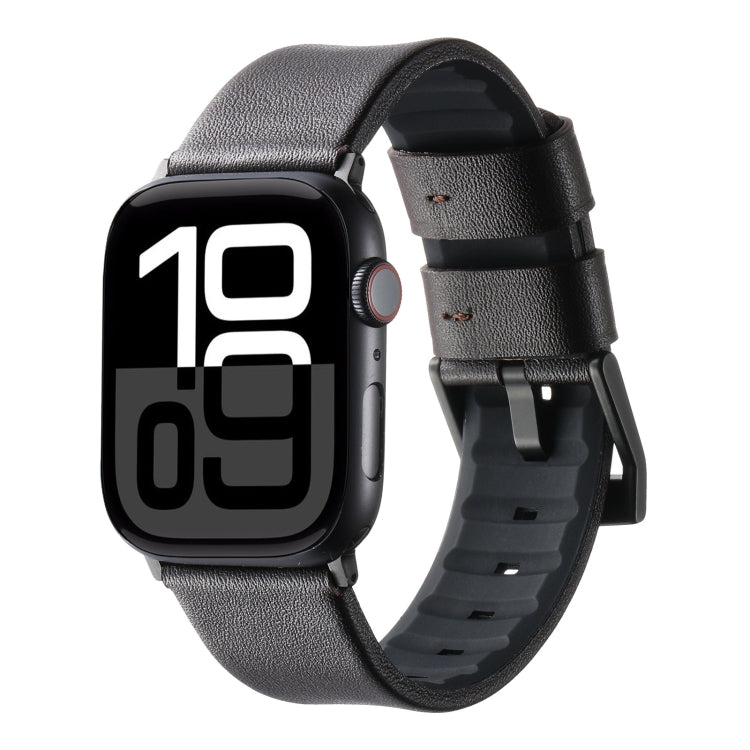 For Apple Watch Series 10 46mm Genuine Leather Hybrid Silicone Watch Band(Coffee Black Buckle) by bashfashion