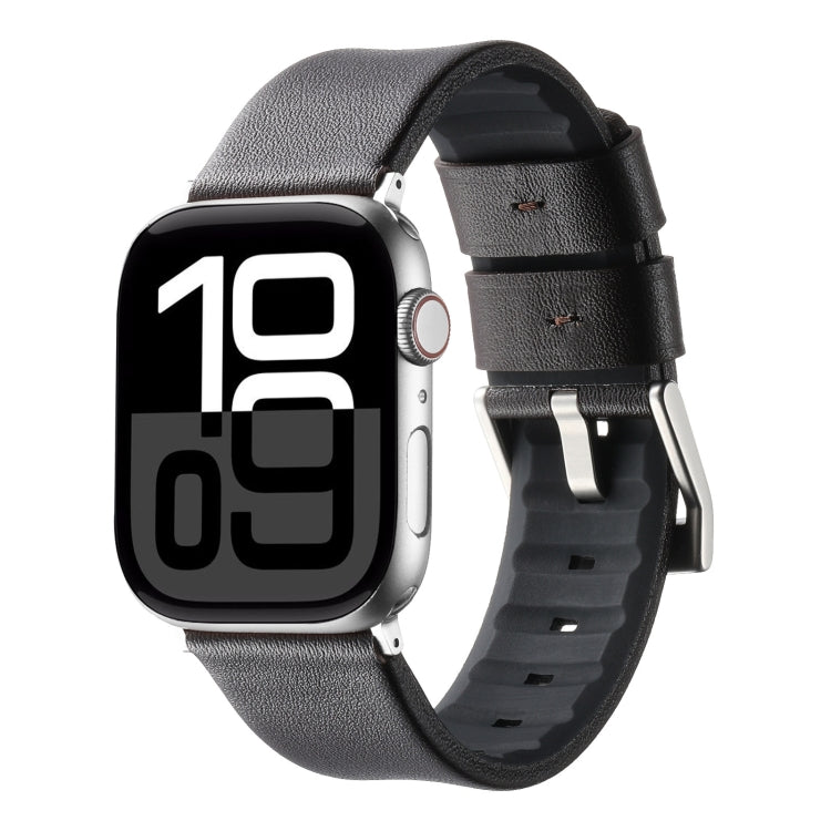 For Apple Watch Series 10 46mm Genuine Leather Hybrid Silicone Watch Band(Coffee Sliver Buckle) by bashfashion
