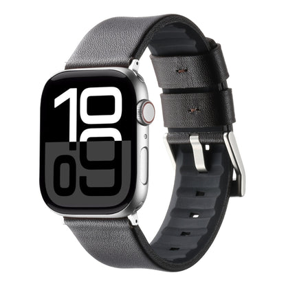 For Apple Watch Series 10 46mm Genuine Leather Hybrid Silicone Watch Band(Coffee Sliver Buckle) by bashfashion