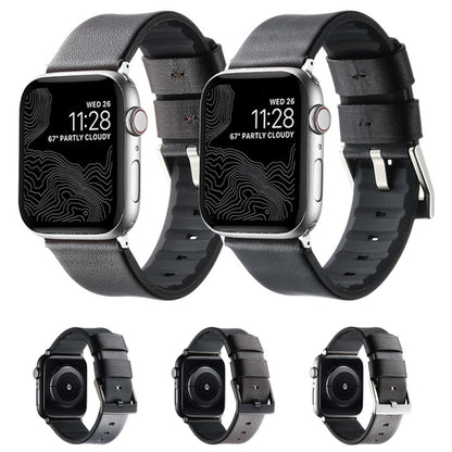 For Apple Watch SE 44mm Genuine Leather Hybrid Silicone Watch Band(Black Sliver Buckle) by bashfashion