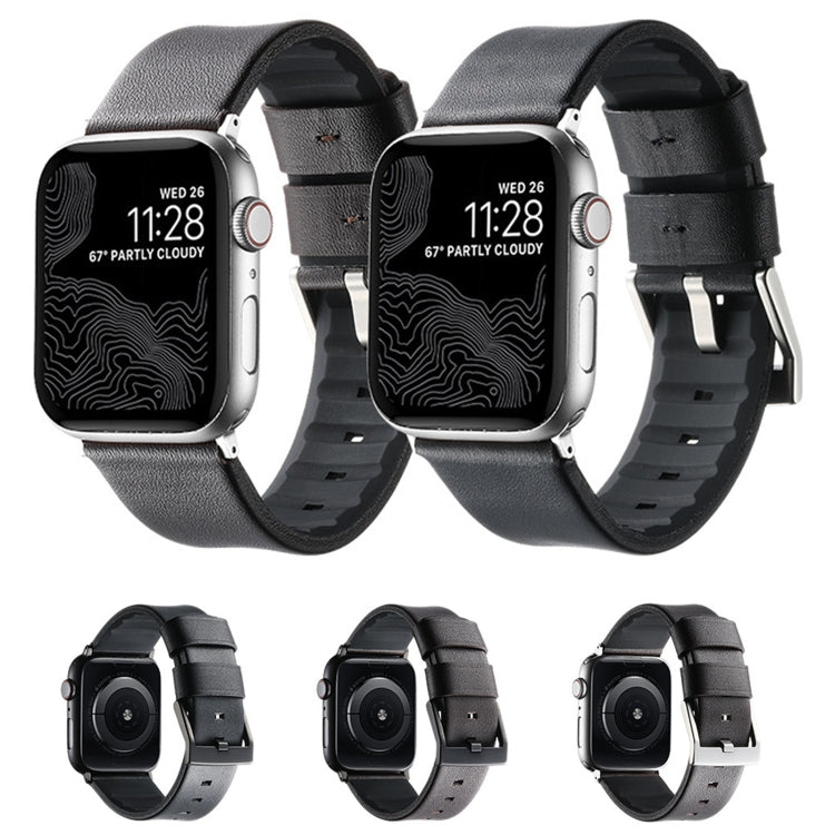 For Apple Watch Series 7 45mm Genuine Leather Hybrid Silicone Watch Band(Coffee Sliver Buckle) by bashfashion