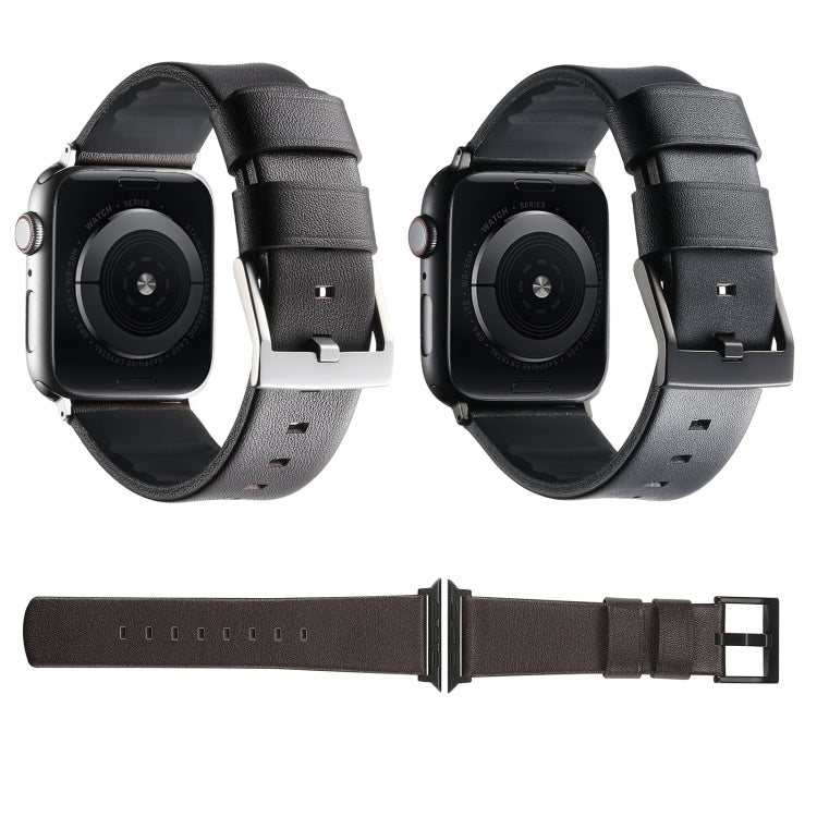 For Apple Watch Series 10 46mm Genuine Leather Hybrid Silicone Watch Band(Coffee Black Buckle) by bashfashion