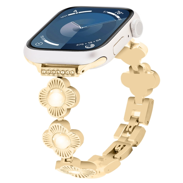 For Apple Watch Series 9 45mm Four Leaf Clover Quick-Release Metal Chain Watch Band(Gold) by bashfashion