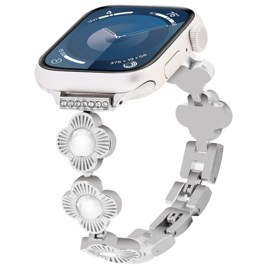 For Apple Watch Series 9 41mm Four Leaf Clover Quick-Release Metal Chain Watch Band(Silver) by bashfashion