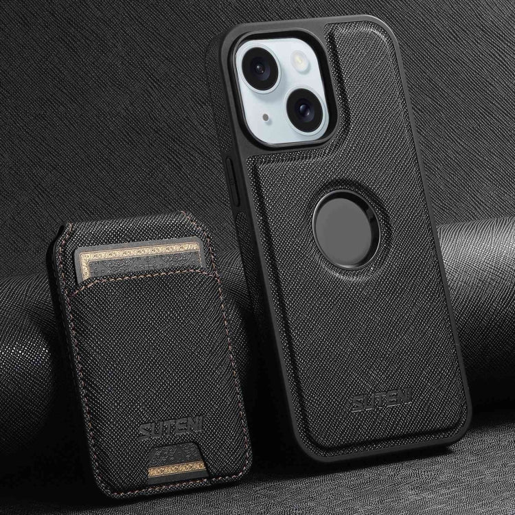 For iPhone 15 Plus Suteni M2 Cross-Grain MagSafe Vertical Card Back Phone Case(Black) by Suteni