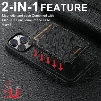 For iPhone 15 Suteni M2 Cross-Grain MagSafe Vertical Card Back Phone Case(Black) by Suteni