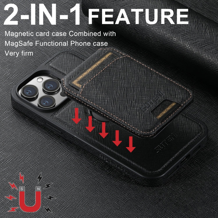 For iPhone 14 Pro Max Suteni M2 Cross-Grain MagSafe Vertical Card Back Phone Case(Black) by Suteni