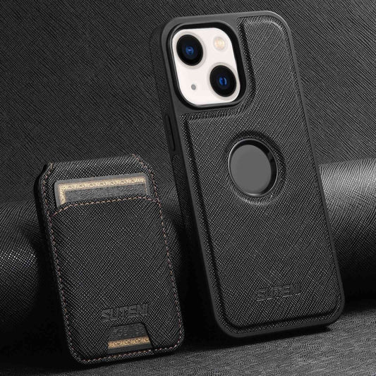 For iPhone 14 Plus Suteni M2 Cross-Grain MagSafe Vertical Card Back Phone Case(Black) by Suteni