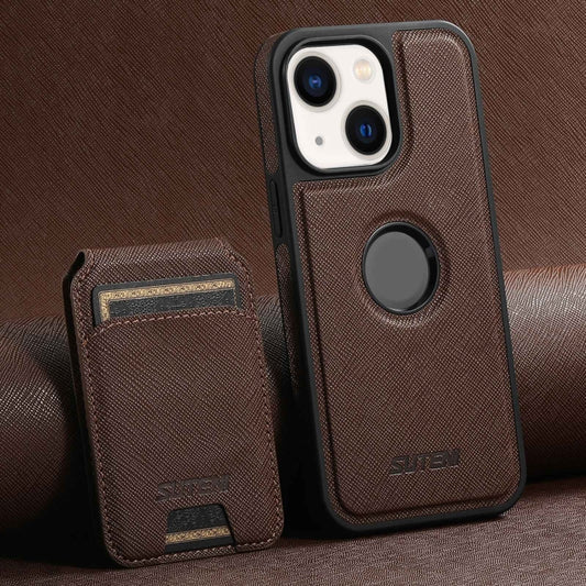 For iPhone 14 Plus Suteni M2 Cross-Grain MagSafe Vertical Card Back Phone Case(Brown) by Suteni