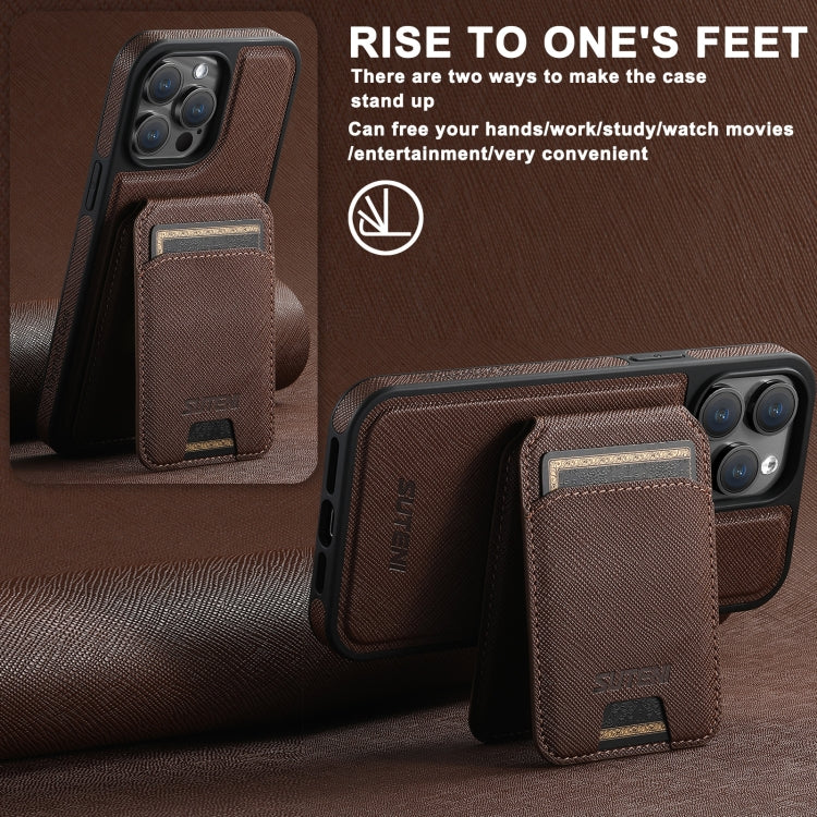 For iPhone 14 Plus Suteni M2 Cross-Grain MagSafe Vertical Card Back Phone Case(Brown) by Suteni