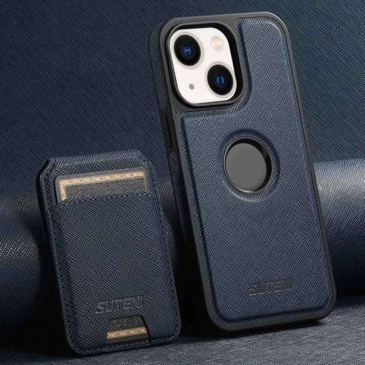 For iPhone 14 Plus Suteni M2 Cross-Grain MagSafe Vertical Card Back Phone Case(Blue) by Suteni