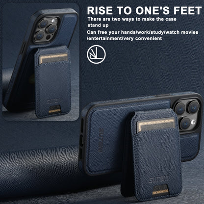 For iPhone 14 Pro Suteni M2 Cross-Grain MagSafe Vertical Card Back Phone Case(Blue) by Suteni