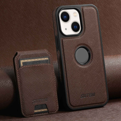 For iPhone 14 Suteni M2 Cross-Grain MagSafe Vertical Card Back Phone Case(Brown) by Suteni
