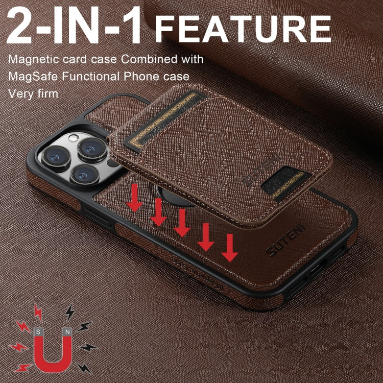 For iPhone 12 Pro Max Suteni M2 Cross-Grain MagSafe Vertical Card Back Phone Case(Brown) by Suteni