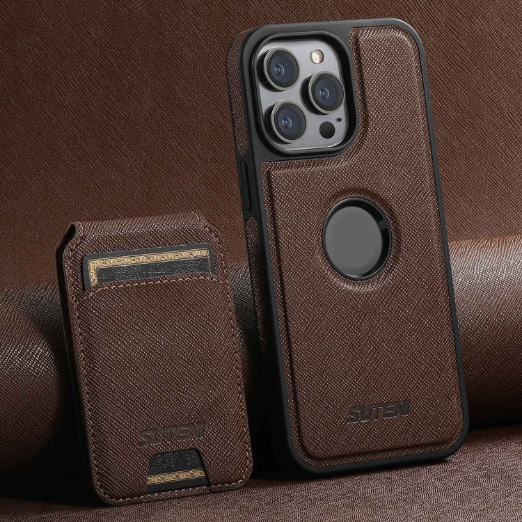 For iPhone 12 Pro Suteni M2 Cross-Grain MagSafe Vertical Card Back Phone Case(Brown) by Suteni