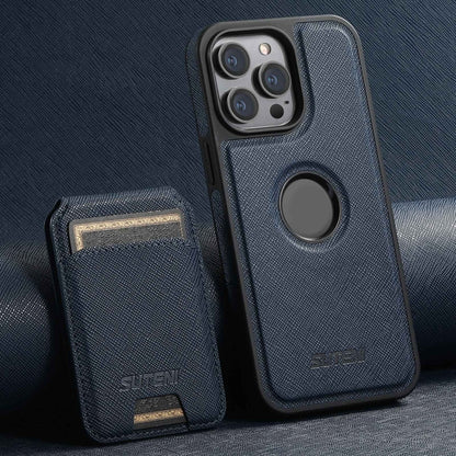 For iPhone 12 Pro Suteni M2 Cross-Grain MagSafe Vertical Card Back Phone Case(Blue) by Suteni