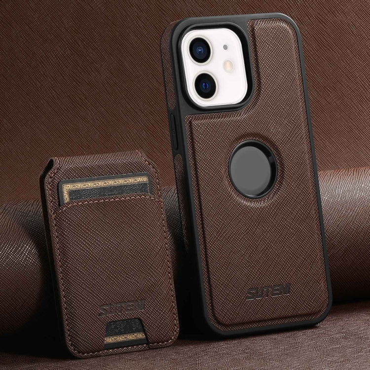 For iPhone 12 Suteni M2 Cross-Grain MagSafe Vertical Card Back Phone Case(Brown) by Suteni