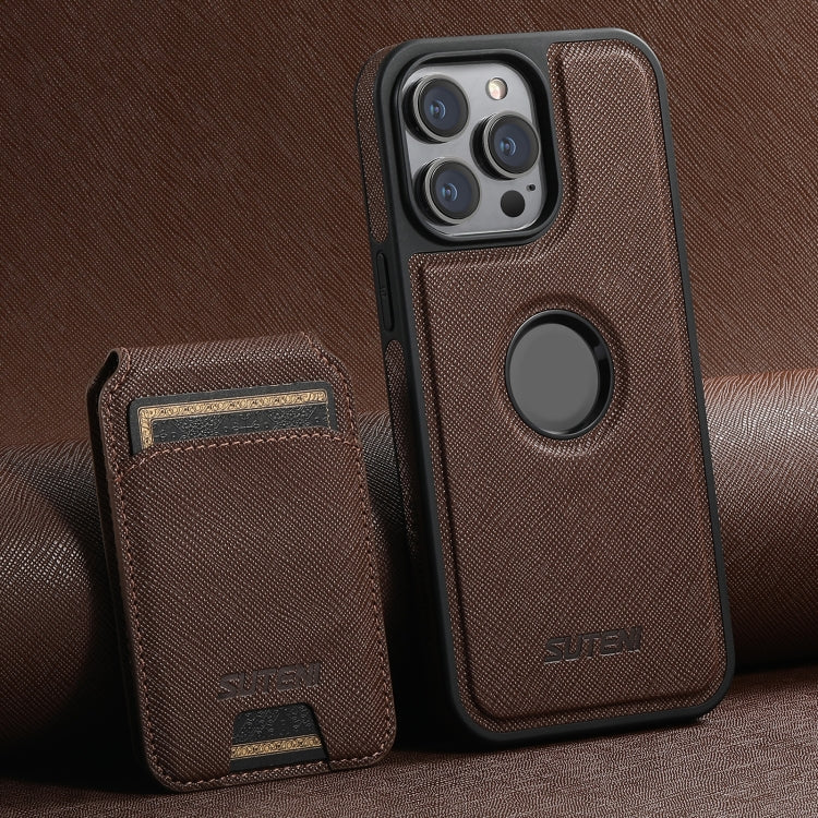 For iPhone 16 Pro Suteni M2 Cross-Grain MagSafe Vertical Card Back Phone Case(Brown) by Suteni