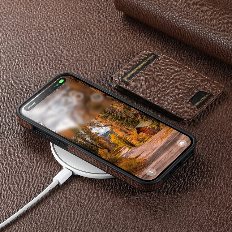 For iPhone 16 Pro Suteni M2 Cross-Grain MagSafe Vertical Card Back Phone Case(Brown) by Suteni