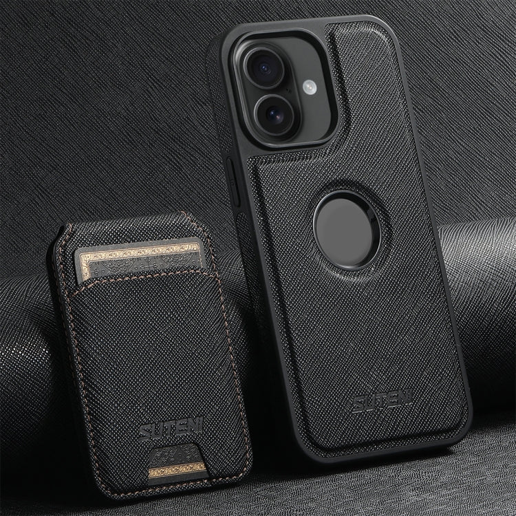 For iPhone 16 Plus Suteni M2 Cross-Grain MagSafe Vertical Card Back Phone Case(Black) by Suteni